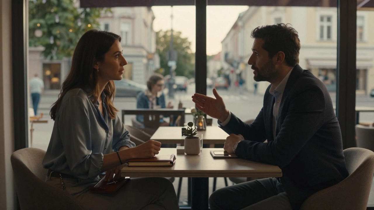 A man and woman converse softly in a Zagreb café, surrounded by the peaceful atmosphere of dignified connection.