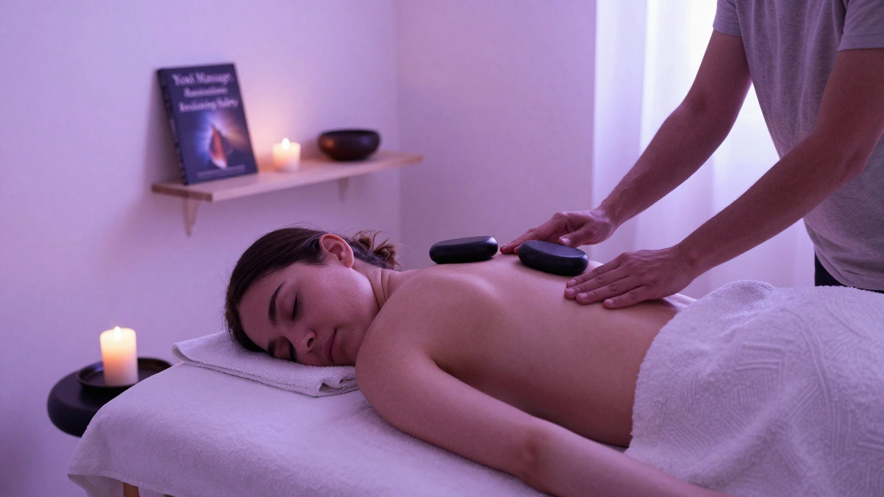 A person receives a gentle stone massage in a tranquil wellness studio, surrounded by soft light and calm.