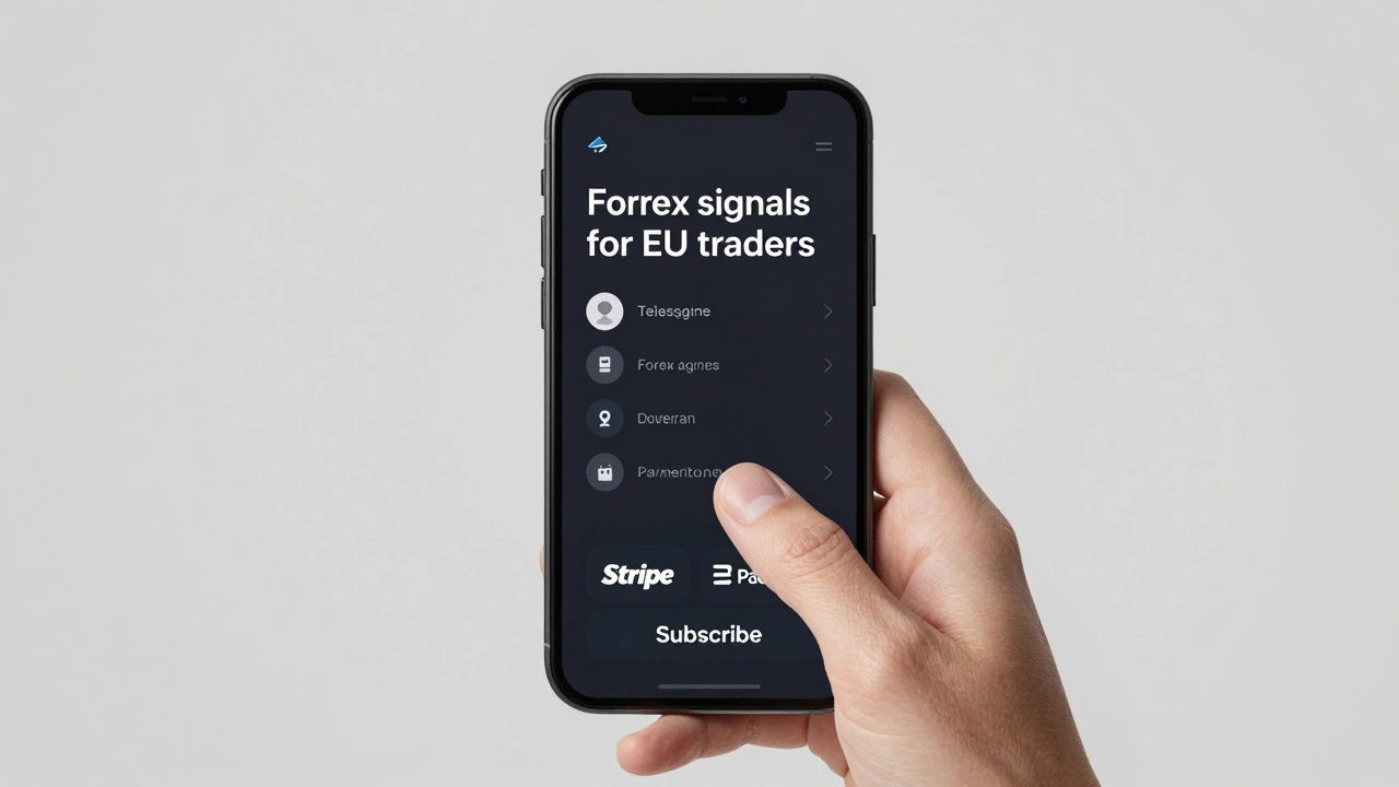 Mobile interface of a private Telegram channel for European traders, with payment bot icons and a hand tapping subscribe.